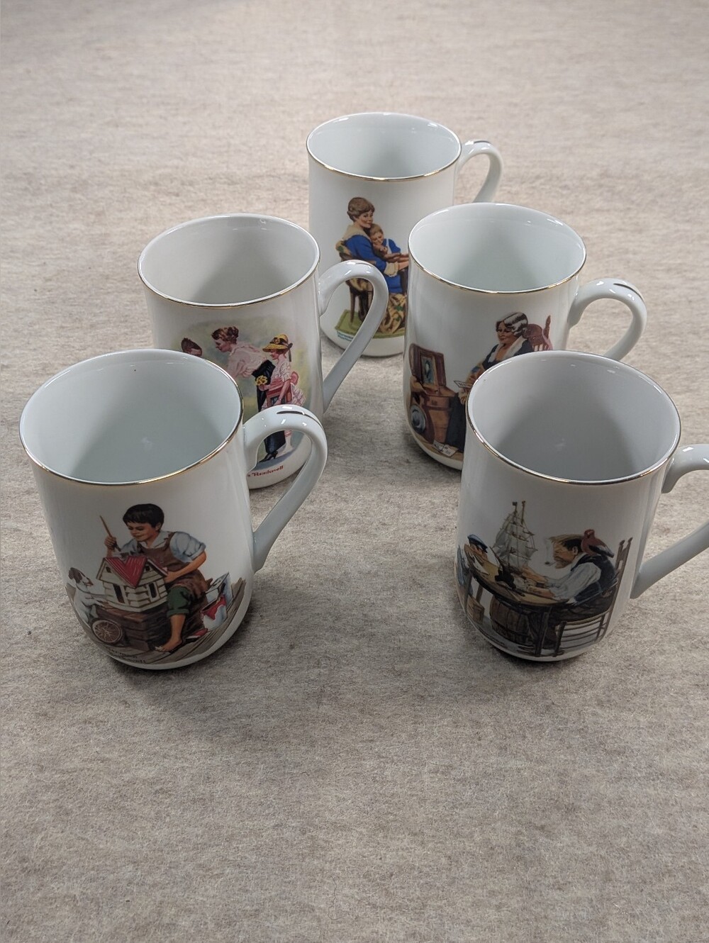 Vintage Norman Rockwell Artwork Illustration Porcelain Mugs Gold Trim Set of 5